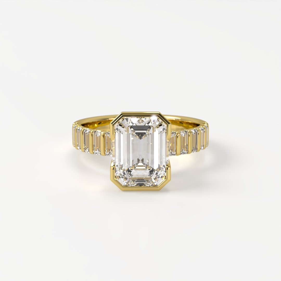 Lyra | 3.0ct Elegant Emerald Cut Half-Bezel Ring with Baguette Accents
