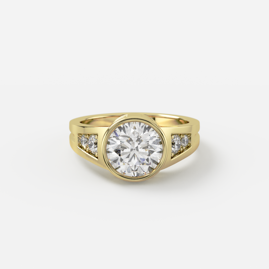 Bezel Engagement Ring with Ridged Tapered Band Round Cut yellow gold