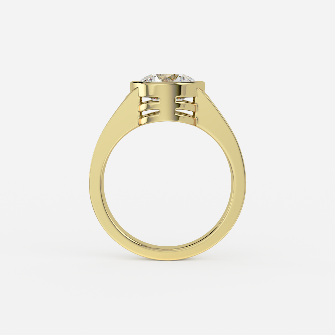 Bezel Engagement Ring with Ridged Tapered Band Round Cut yellow gold