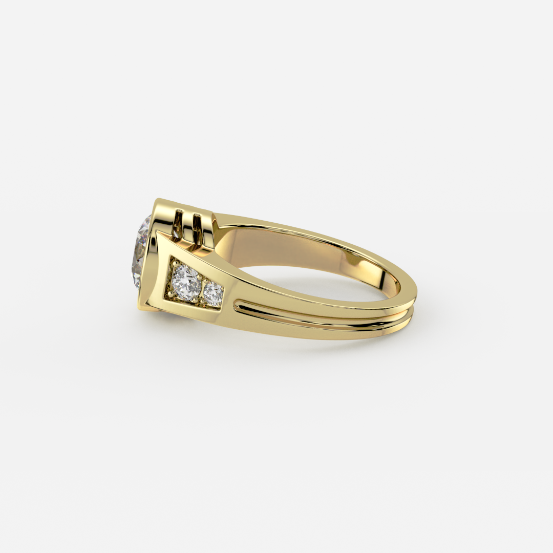 Bezel Engagement Ring with Ridged Tapered Band Round Cut yellow gold