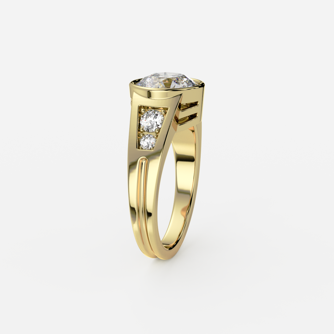 Bezel Engagement Ring with Ridged Tapered Band Round Cut gold